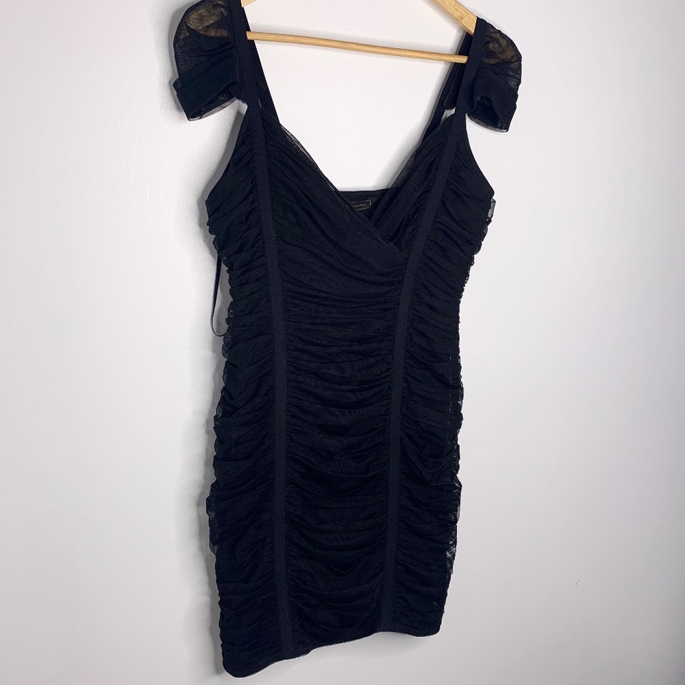 NWT BCBGMaxazria Princess Line Shirre Black Bodycon Cap Sleeves Dress Size S